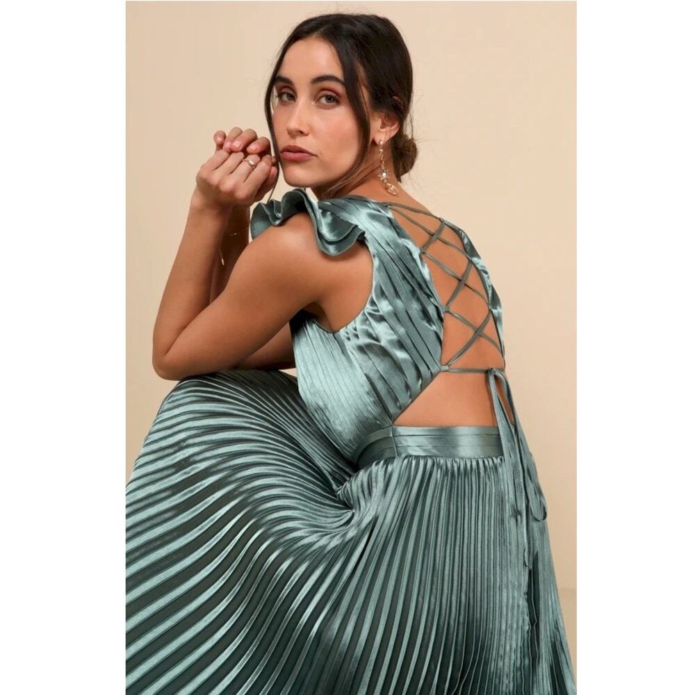 Exceptional Drama Sage Green Satin Lace-Up Pleated Maxi Dress Small NWOT - Picture 9 of 13